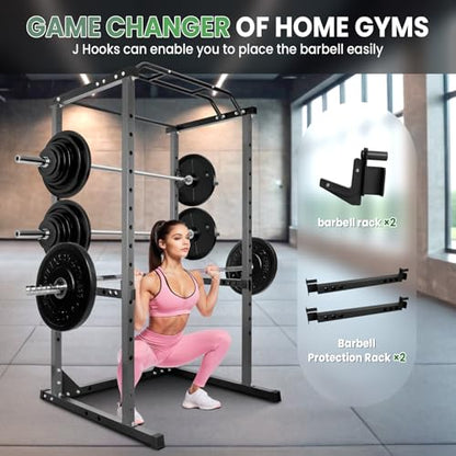Space-Saving Power Cage for Small Home Gym, 1200 LBS Weight Capacity 2x2 Steel Squat Rack with Multi-Grip Pull Up Bar, Adjustable J-Hooks & Safety Bars for Full Body Workout, Smith Machine