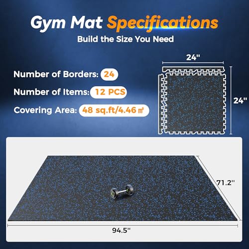 SUPERJARE 1" Extra-Thick Rubber Top Exercise Mat, Puzzle Gym Flooring for Home Gym, Gym Mat for Workout Equipment, Interlocking Floor Tiles with EVA Foam, 12 Pcs 48 Sq Ft, Black/Blue - size: 12 Tiles (48 Sq Ft)