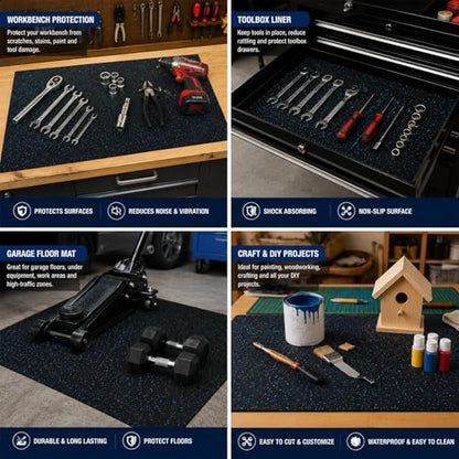 Rubber Workbench Mat 24 x 60 Inch / 5 x 2 Feet, Heavy-Duty Work Bench Mat, Shock-Absorbing, Non-Slip, Easy Clean, Cuttable, for Protect Tool Workbench from Paint Woodwork Garage Craft Build