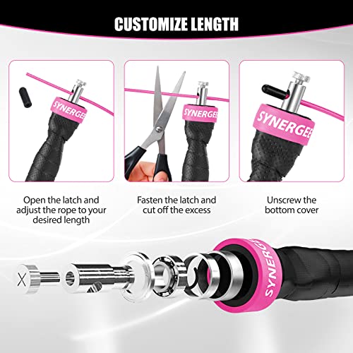 Synergee Hot Pink Jump Rope - (2) Adjustable 10 Ft Cable - Steel Ball Bearings - For CrossFit, MMA, Boxing & Fitness, Anti-Slip Handles