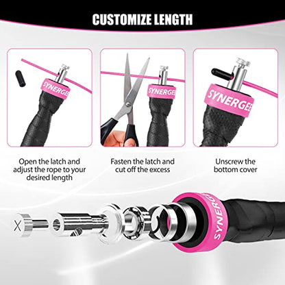 Synergee Hot Pink Jump Rope - (2) Adjustable 10 Ft Cable - Steel Ball Bearings - For CrossFit, MMA, Boxing & Fitness, Anti-Slip Handles