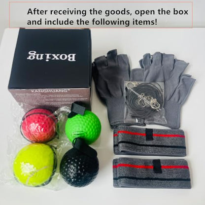 reflex Balls Boxing Headband Set for MMA Boxing Reaction Training 4 Different levels Balls+2 Sweat Absorbing Headbands+4 Spare Lines+2 gloves for all people