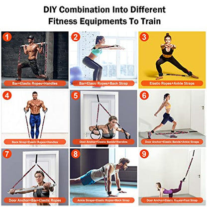 Portable Home Gym Resistance Band Set With8 Anti-Break Bands, Detachable 500LBS Pilates Bar, Full Body Workout Equipment w/Ankle Straps & Door Anchor - style: Silver