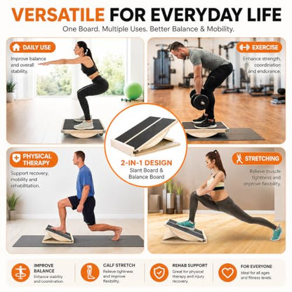 MUCITAGF 2-in-1 Professional Wooden Balance Board & Slant Board, 3 Angles