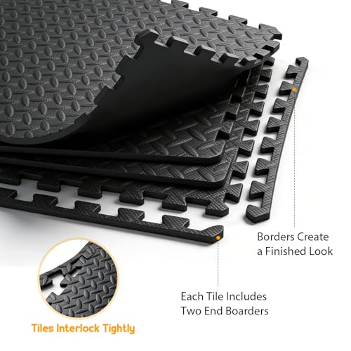 Puzzle Exercise Mat ½ in, EVA Interlocking Foam Floor Tiles for Home Gym, Mat for Home Workout Equipment, Floor Padding for Crawling, Black, 20 in x 20 in x ½ in, 64 Sq Ft - 24 Tiles (24, Black)
