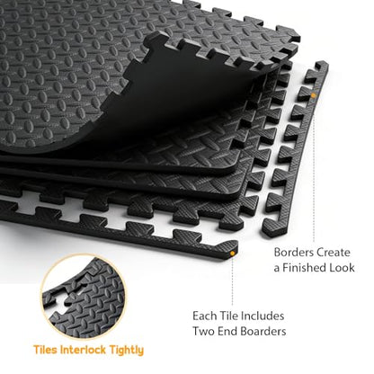 Puzzle Exercise Mat ½ in, EVA Interlocking Foam Floor Tiles for Home Gym, Mat for Home Workout Equipment, Floor Padding for Crawling, Black, 20 in x 20 in x ½ in, 64 Sq Ft - 24 Tiles (24, Black)