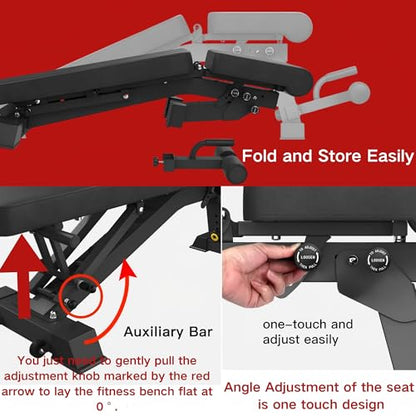 YOUTEN 1300 LB Weight Bench With Headrest Heavy Capacity | 9-4-4 90° Adjustable Incline Decline Exercise Chair for Home Gym More Stable and Durable | Foldable Training Lifting Bench | Dragon Flag Handle for Abdominal Arm Workout 2025 New Version
