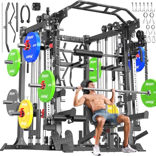 XGSW Smith Machine Home Gym, Multi-Function Power Cage with Dual Pulley Cable Crossover System,Squat Rack for Full-Body Workouts - color: L05, size: Black---Smith Machine+bench+(pole+Color BP)260LBS