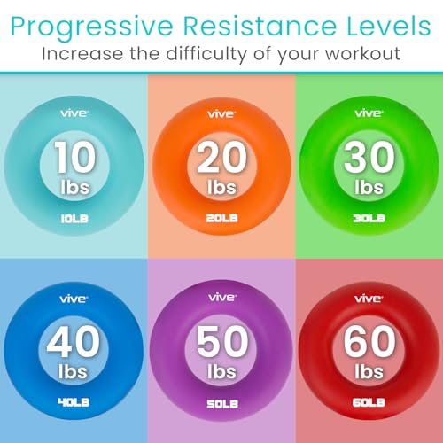 Vive Hand Strengthener Grip Ring - Forearm Ring Hand Exercisers - Silicone Squeezer Gripper for Muscle Strengthening Training Tool - Arthritis Finger Physical Therapy PT Kit Trainer - color: Multicolor (6 Pack)