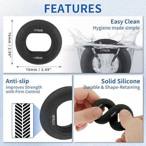 Hand Grip Strengthener, Fingers Exerciser - Silicone Rings for Muscle Training Sports Rock Climbing Finger Rehabilitation,6 Resistance Levels - color: Black(70/80LB)