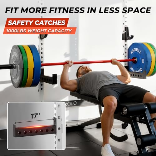 Mikolo 2" x 2" Folding Wall Mounted Squat Rack, 1000 Pounds Capacity Power Rack with Pull Up Bar, J Hooks and Other Attachments, Space-Saving Home Gym - color: White, style: Squat Rack with Safety Catches