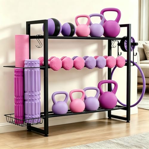 Weight Rack, 3-Tier Gym Organization for Home Gym with Shelf & Hooks
