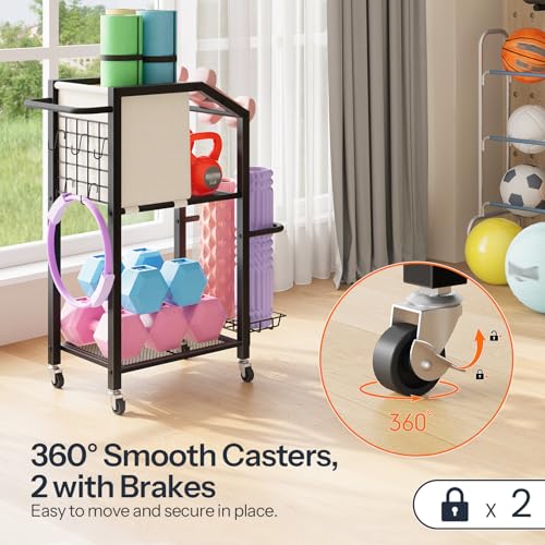 HOOBRO Dumbbell Rack, Weight Rack for Dumbbells, Yoga Mat Storage Rack, Home Gym Storage Rack for Dumbbells Kettlebells Foam Roller, Workout Storage Organizer with Wheels & Hooks, Black BE85CJ01N1