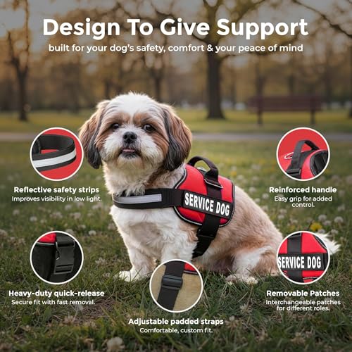 Service Dog Vest Harness - Durable & Adjustable Vest for Dog with Reflective Straps, Removable Patches, 50 ADA Cards, Handle & D-Ring, Travel and Daily Use,Bright Red, Small 19.5"-25"
