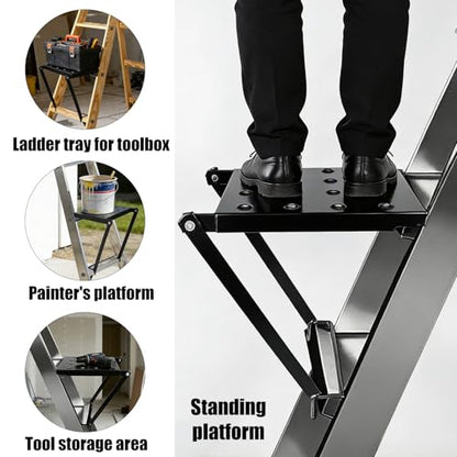 Foldable Ladder Platform, 300lbs Capacity Non-Slip Stable Work Tray Attachment Metal Ladder Step Levelers Platform Extension for Painters, Tools & DIY (Black)