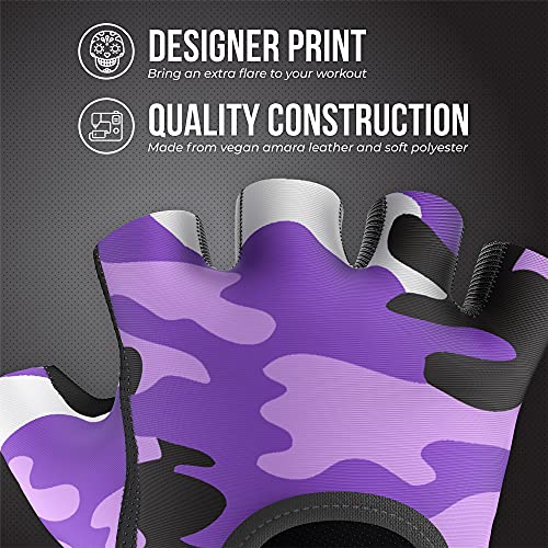 Contraband Pink Label 5217 Women's Design Series Camo Print Lifting and Rowing Gloves (Pair) - Lightweight Vegan Medium Padded Microfiber Amara Leather w/Griplock Silicone - color: Purple, size: Small