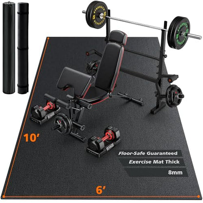 Rendpas Large Exercise Mat for Home Gym, 6'x4'/7'x5'/8'x6'/9'x6'/10'x6'/12'x6' (8mm) Extra Thick Workout Mat, High-Density PVC, Non-Slip, Shock Absorption for Cardio, Weights & Jump Rope