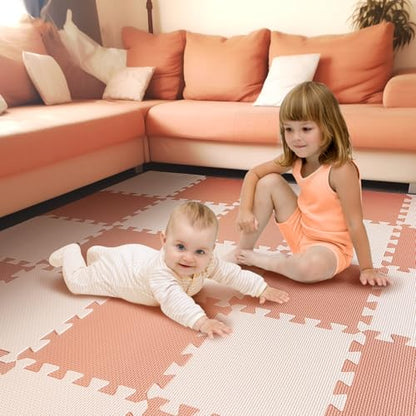 TCBunny Kids Soft EVA Foam Jigsaw Puzzle Play Mat, 36 Interlocking Tiles and Edges Baby Play Mat, for Kids Gym, Nursery, Playroom, Pet Mat, Total Floor Coverage 32 Sq Ft, Pink/Peach
