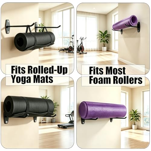 Yoga Mat Wall Mount Hanger,Metal Yoga Mats Storage Rack, Home Gym Storage with 8 Clips, No-Roll Flat Storage for Folded/Rolled Mats, Foam Rollers, Black Wall Organizer for Gym, Yoga Studio, Bedroom