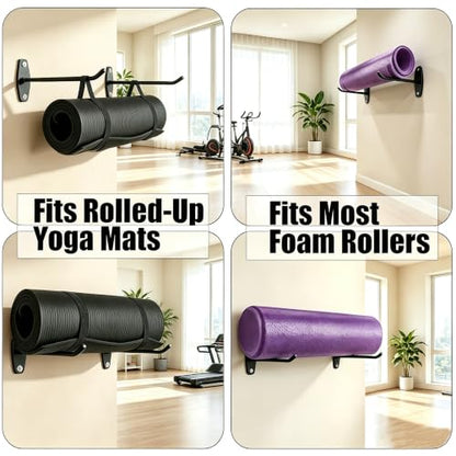 Yoga Mat Wall Mount Hanger,Metal Yoga Mats Storage Rack, Home Gym Storage with 8 Clips, No-Roll Flat Storage for Folded/Rolled Mats, Foam Rollers, Black Wall Organizer for Gym, Yoga Studio, Bedroom