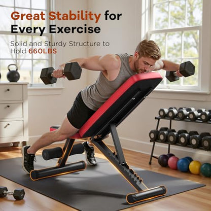Adjustable Weight Bench for Home Gym, 660LBS Stable Workout Bench with 8 Backrest for Full Body Dumbbell & Bench Press Training, Compact Foldable Strength Bench for Small Spaces Apartments
