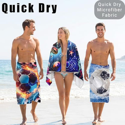 Large Soccer Beach Towel - 71" x 35" Oversized Microfiber Sand Free Quick Dry Absorbent Compact Sports Beach Towel for Pool Travel Gym Bath Camping - Cool Soccer Fan Gift for Men Women Summer Vacation