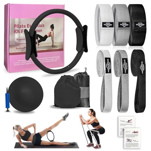 DICYWUDI Pilates Essentials Kit for Home Women, Pilates Equipment for Workouts, 6 Fabric Resistance Bands, 12 Inch Magic Circle Yoga Ring, Mini Exercise Ball, Great Exercise Equipment - color: 8pcs Black set