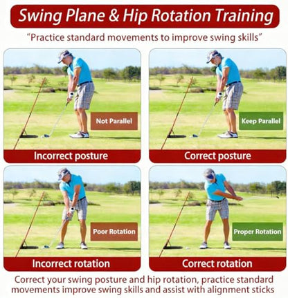 Golf Alignment Stick Holder Adjustable Angle Swing Trainer Aid Fiberglass Rods PVC Sleeve Plane Corrector Portable ABS Base for Men Women Putting Drills Red Black