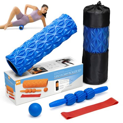 5 in1 Foam Roller Set, Trigger Point Foam Roller, Massage Roller Stick, Massage Ball, Resistance Band for Deep Muscle Massage Pilates Yoga,Fitness Exercise for Whole Body (Pure Blue)