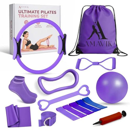 AMAVIK Pilates Kit 15-Pieces Home Workout Set with 5 Resistance Bands, Pilates Ring and Ball Set with Accessories-A Complete Pilates Set for Women to Improve Strength, Flexibility and Balance Body