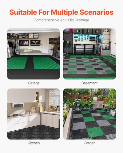VEVOR Interlocking Drainage Mat, 12” x 12” Modular Interlocking Cushion, 24 Pcs Splicing Drainage Mats, Non-Slip PP Drainage Floor Tile and Shower Mat, for Garage, Garden, Kitchen & Outdoor, Black