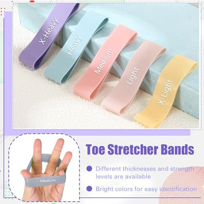 Set of 5 Toe Stretcher Band Separator Spacer Bunion Correction Hallux Valgus Alignment Foot Stretcher Straightener Resistance Loop Yoga Exercise Foot Care with Carry Bag(Pastel)