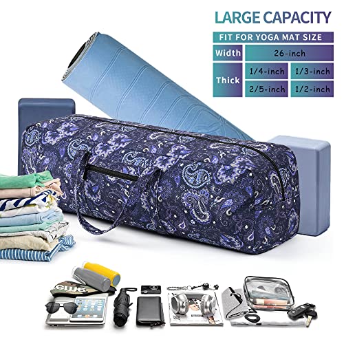| Yoga Mat Bag | Large Yoga Mat Carrier with Wet Pocket | Yoga Gifts | Gym Tote Bag for Women - color: Blue cashew flower
