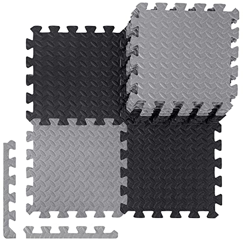 Ecally 100 Pcs 12 x 12 Gym Mat Foam Floor Mats for Home Gym Covers 96 Sq Ft Puzzle Exercise Square Interlocking Carpet Tiles with Border for Workouts Equipment Yoga Pilates (Black,Gray) - color: Black, Gray