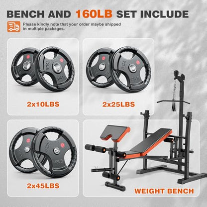 XDDIAS Weight Bench Set, 9 in 1 Olympic Weight Bench with LAT Pulldown and Rowing, 900LBS Bench Press Set with Leg Extension and Preacher Pad, Flat Incline Bench for Weight Lifting Full-Body Workout - color: Bench+160LBS plates