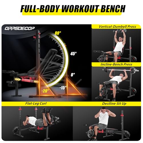 OPPSDECOR 900LBS Weight Bench Set with Squat Rack Foldable Bench Press Set with Leg Extension & Leg Curl Professional Flat/Incline/Decline Workout Bench for Home Gym Full Body Exercise