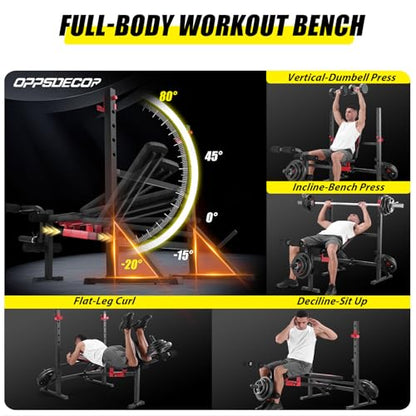 OPPSDECOR 900LBS Weight Bench Set with Squat Rack Foldable Bench Press Set with Leg Extension & Leg Curl Professional Flat/Incline/Decline Workout Bench for Home Gym Full Body Exercise