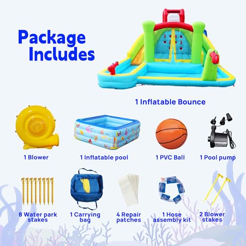 WELLFUNTIME Inflatable Water Double Slides Park with Blower, Bouncy Castle with Rock Climbing, Jumping Area for Basketball