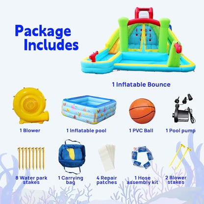 WELLFUNTIME Inflatable Water Double Slides Park with Blower, Bouncy Castle with Rock Climbing, Jumping Area for Basketball
