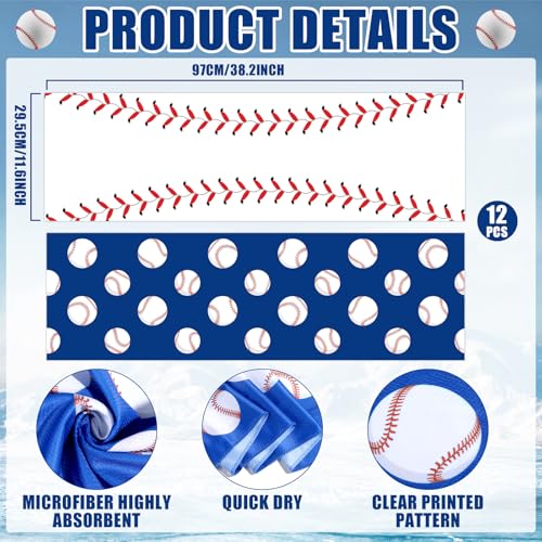 12 Pcs Baseball Cooling Towels 38x12 Inch Breathable Baseball Microfiber Ice Towel Fast Drying Workout Rags Bulk Sport Team Gift for Team Gym Running Coach Sport Party Favors(White,Blue)