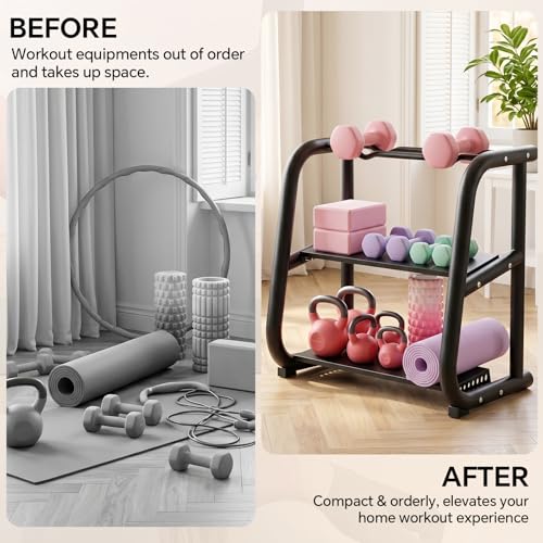 3-Tier Dumbbell Rack, Weight Rack for Dumbbells, Home Gym Storage for Dumbbells Kettlebells Yoga Mat and Balls, All in One Workout Storage, Powder Coated Finish Steel