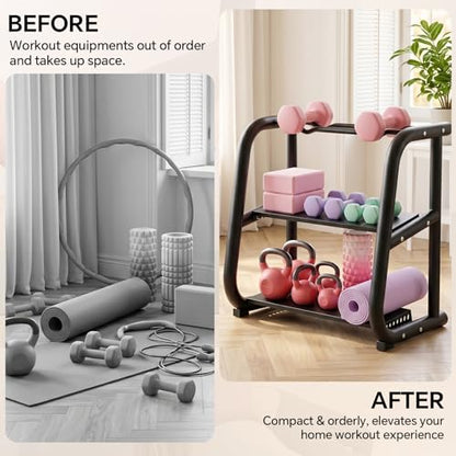3-Tier Dumbbell Rack, Weight Rack for Dumbbells, Home Gym Storage for Dumbbells Kettlebells Yoga Mat and Balls, All in One Workout Storage, Powder Coated Finish Steel