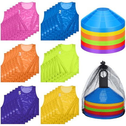 Practice Equipment 60 Disc Cones Agility Soccer Cones and 36 Nylon Mesh Pinnies Scrimmage Vests Team Practice Jersey with Carry Bag and Holder for Sports Training Basketball Football Coaching