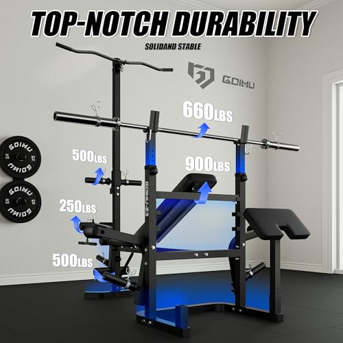 Z3 900LBS Olympic Weight Bench Set with Leg Extension, 9 in 1 Workout Press with Preacher Curl Pad and LAT Pulldown, Strength Training Bench for Home Gym - color: 100lbs Colorful Plates and Bench