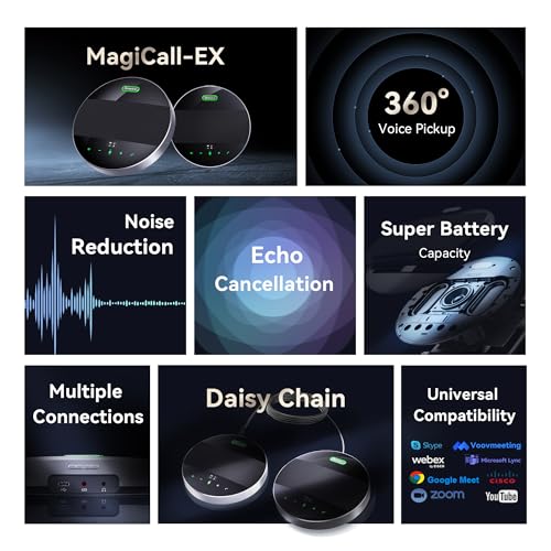 Tenveo MagiCall-EX Bluetooth Conference Speakerphone, Daisy Chain Expandable for up to 30 Attendees, 360° Voice Pickup, AI Noise Cancelling, USB/Bluetooth Wireless Speaker for Meetings & Large Rooms - color: Cosmic Black