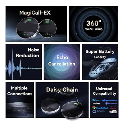 Tenveo MagiCall-EX Bluetooth Conference Speakerphone, Daisy Chain Expandable for up to 30 Attendees, 360° Voice Pickup, AI Noise Cancelling, USB/Bluetooth Wireless Speaker for Meetings & Large Rooms - color: Cosmic Black