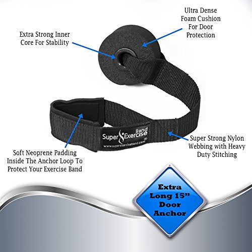 USA Heavy Duty 15" Long Door Anchor Attachment. Thick Anchor Wheel to Protect Door and Neoprene Padded Loop to Protect Resistance Bands. Plus an Exclusive iPhone App and E-Book.