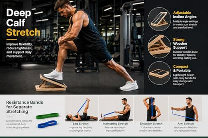 Slant Board for Exercise, 5-Position Adjustable Wooden Calf Stretcher, Portable Slant Board for Calf Stretching, Incline Board for Squats, Physical Therapy, Knee, Leg, Foot & Ankle Mobility