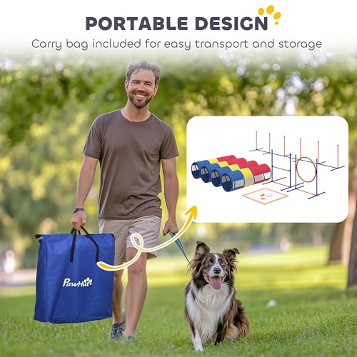 PawHut Dog Agility Training Equipment, 12-Piece Dog Obstacle Course with Adjustable Hurdle & Ring, 4 Tunnels, Weave Poles, Pause Box, Treat Bag, Bowl and Carrying Bag for Indoor Outdoor Use