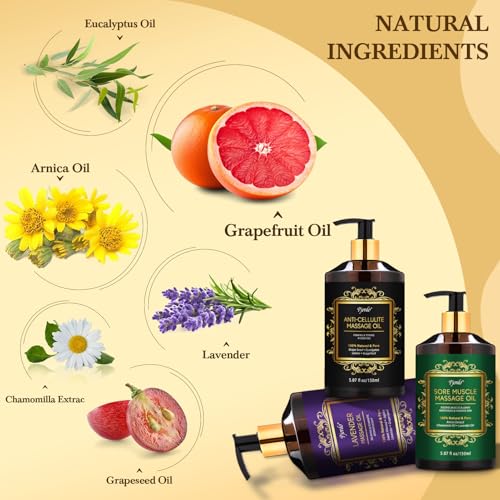3 Pack Massage Oil for Massage Therapy, Lavender Oil for Relaxation, Sore Muscle Arnica Oil & Cellulite Massage Oil, with Massage Roller Ball & Thumb Saver Tool, Massage Kit for Him Her